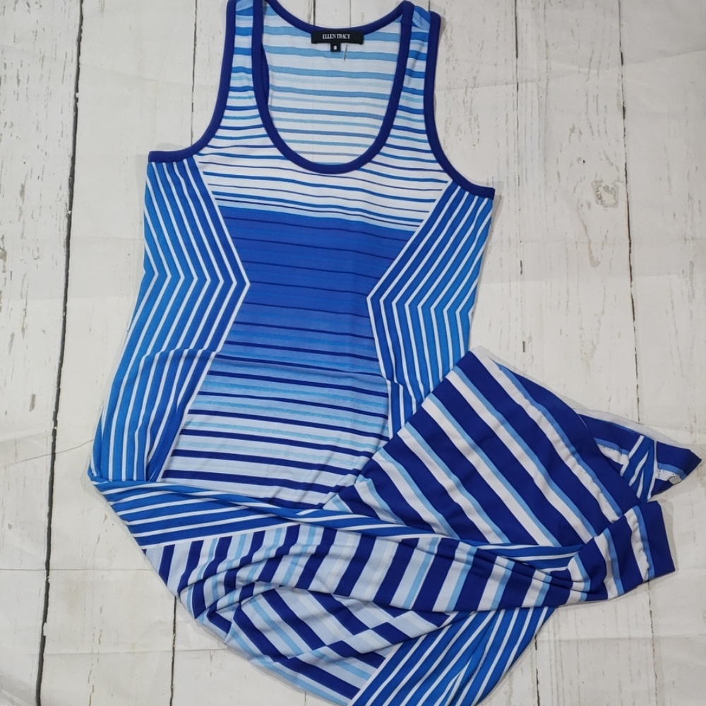 Ellen Tracy blue striped stretch maxi dress size 8